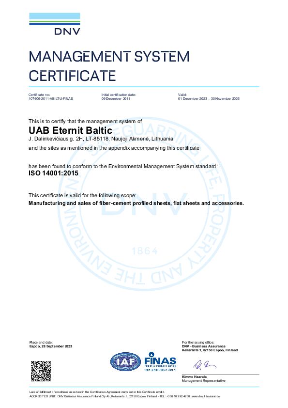 ISO 14001:2015 certificate